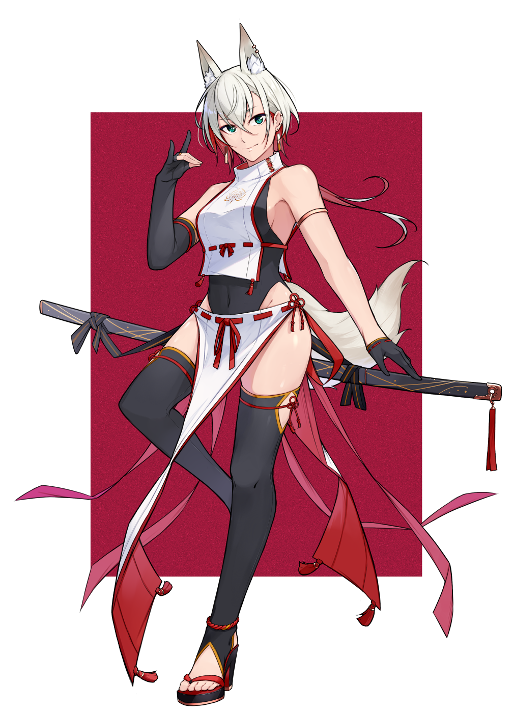 1girl, animal_ear_fluff, animal_ear_piercing, animal_ears, asymmetrical_gloves, bare_shoulders, black_gloves, black_leotard, black_thighhighs, border, breasts, closed_mouth, covered_navel, elbow_gloves, extra_ears, eyeshadow, fox_ears, fox_girl, fox_shadow_puppet, fox_tail, full_body, gloves, green_eyes, grey_hair, hair_between_eyes, hand_on_hilt, hand_up, high_heel_sandals, high_heels, highres, japanese_clothes, leg_up, leotard, long_hair, looking_at_viewer, makeup, multicolored_hair, nagihana, no_socks, original, partially_fingerless_gloves, pelvic_curtain, red_background, red_eyeshadow, red_hair, sandals, scabbard, sheath, sheathed, sideboob, single_elbow_glove, solo, stirrup_legwear, sword, sword_on_back, tail, tassel, thighhighs, toeless_legwear, toes, uneven_gloves, weapon, weapon_on_back, white_border