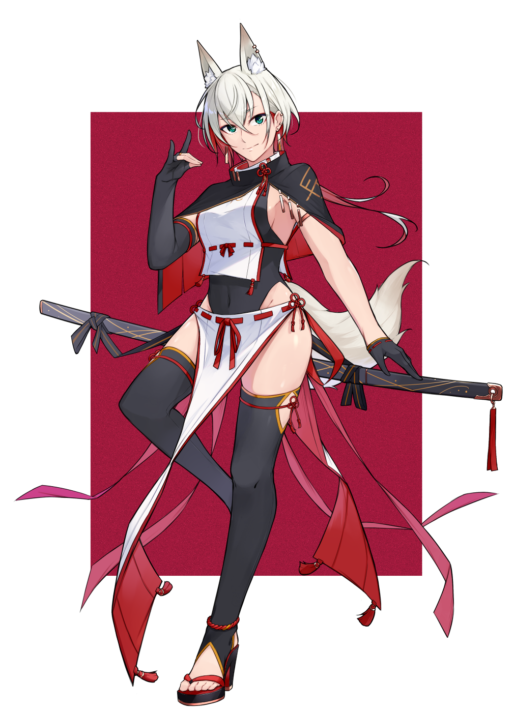 1girl, animal_ear_fluff, animal_ear_piercing, animal_ears, asymmetrical_gloves, black_capelet, black_gloves, black_leotard