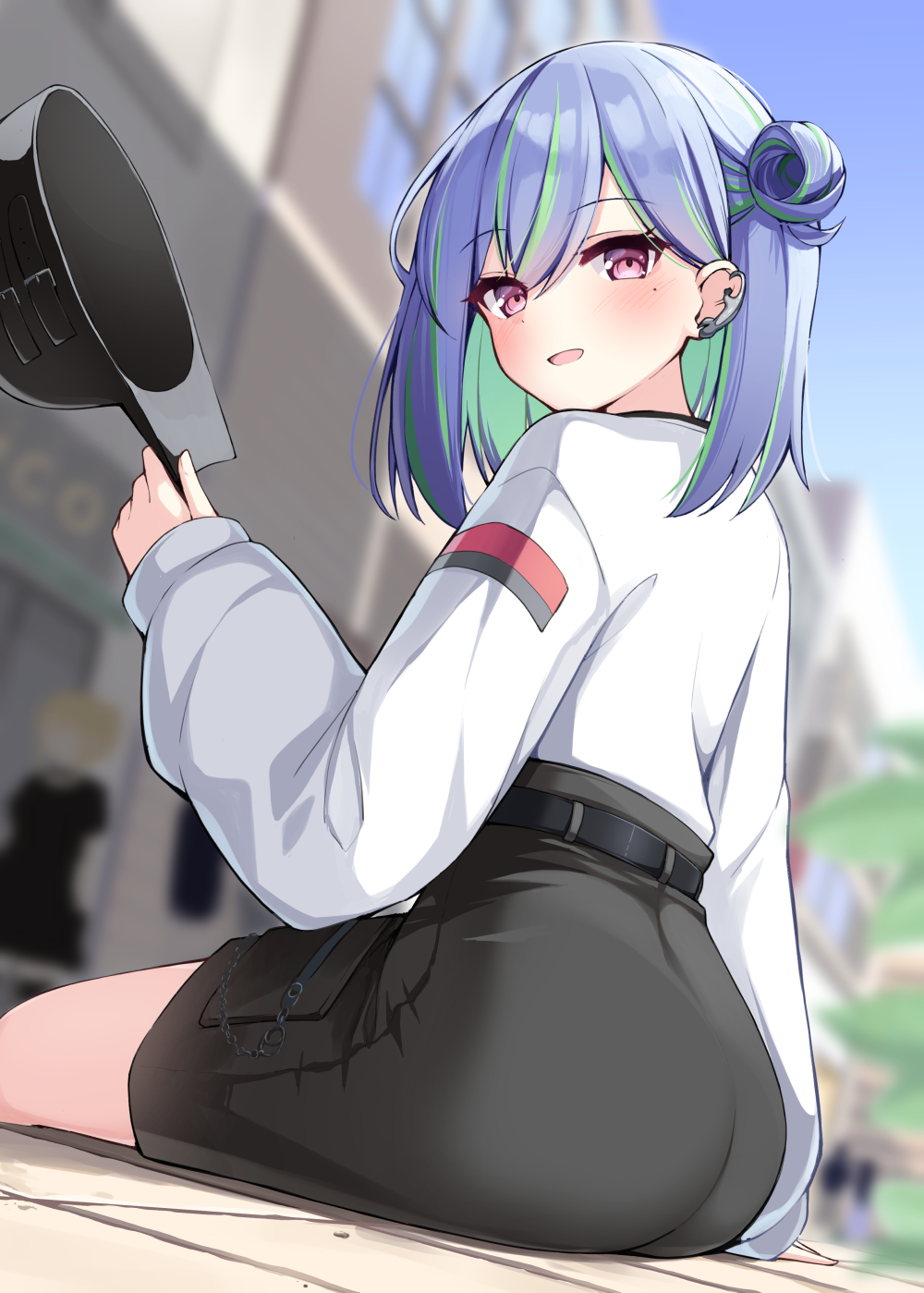 1girl, :d, ass, black_hat, black_skirt, blue_hair, blue_sky, blurry