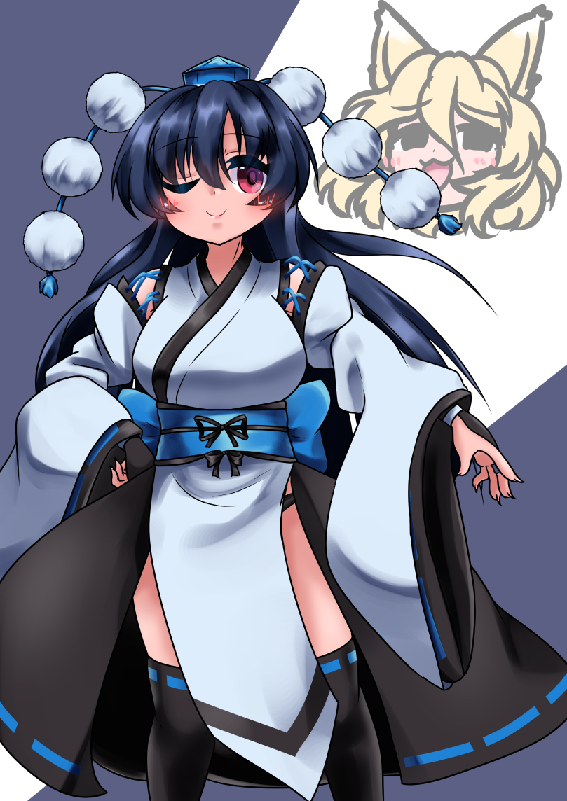 2girls, :3, :d, alternate_costume, animal_ears, black_kimono, black_panties, black_thighhighs