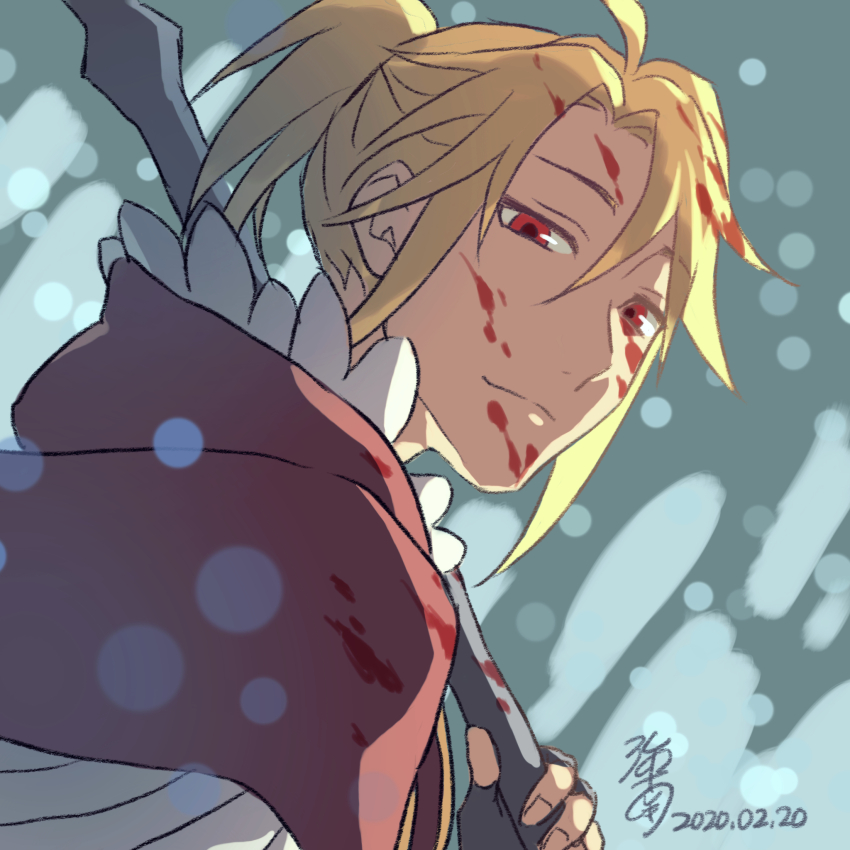 1boy, abstract_background, ahoge, black_gloves, blonde_hair, blood, blood_in_hair, blood_on_clothes