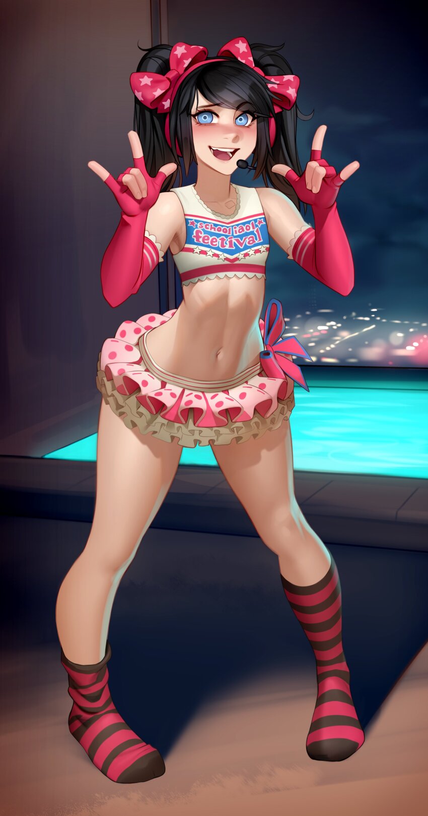 1girl, absurdres, black_hair, blue_eyes, cheerleader, commentary, cosplay, elbow_gloves, english_commentary, english_text, flat_chest, gloves, highres, kairunoburogu, looking_at_viewer, love_live!, love_live!_school_idol_project, medium_hair, meme, nyannyancosplay, polka_dot, polka_dot_skirt, real_life, skirt, smile, solo, twintails, yazawa_nico, yazawa_nico_(cosplay)