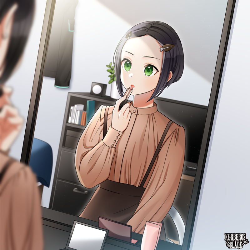1boy, applying_lipstick, applying_makeup, black_hair, black_skirt, bookshelf, brown_shirt, copyright_name, cosmetics, green_eyes, hair_ornament, hairclip, indoors, kerberos_blade, lipstick_tube, makeup, maruyama_hari, mirror, shirt, short_hair, skirt, suspenders, television, trap