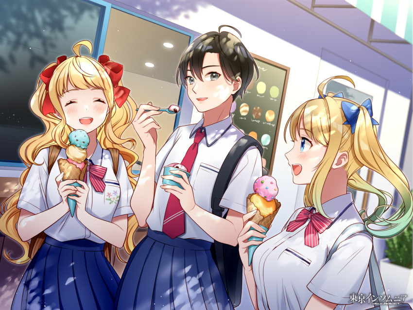 3girls, ahoge, alpaca_connect, bag, black_hair, blonde_hair, blue_bow, blue_skirt