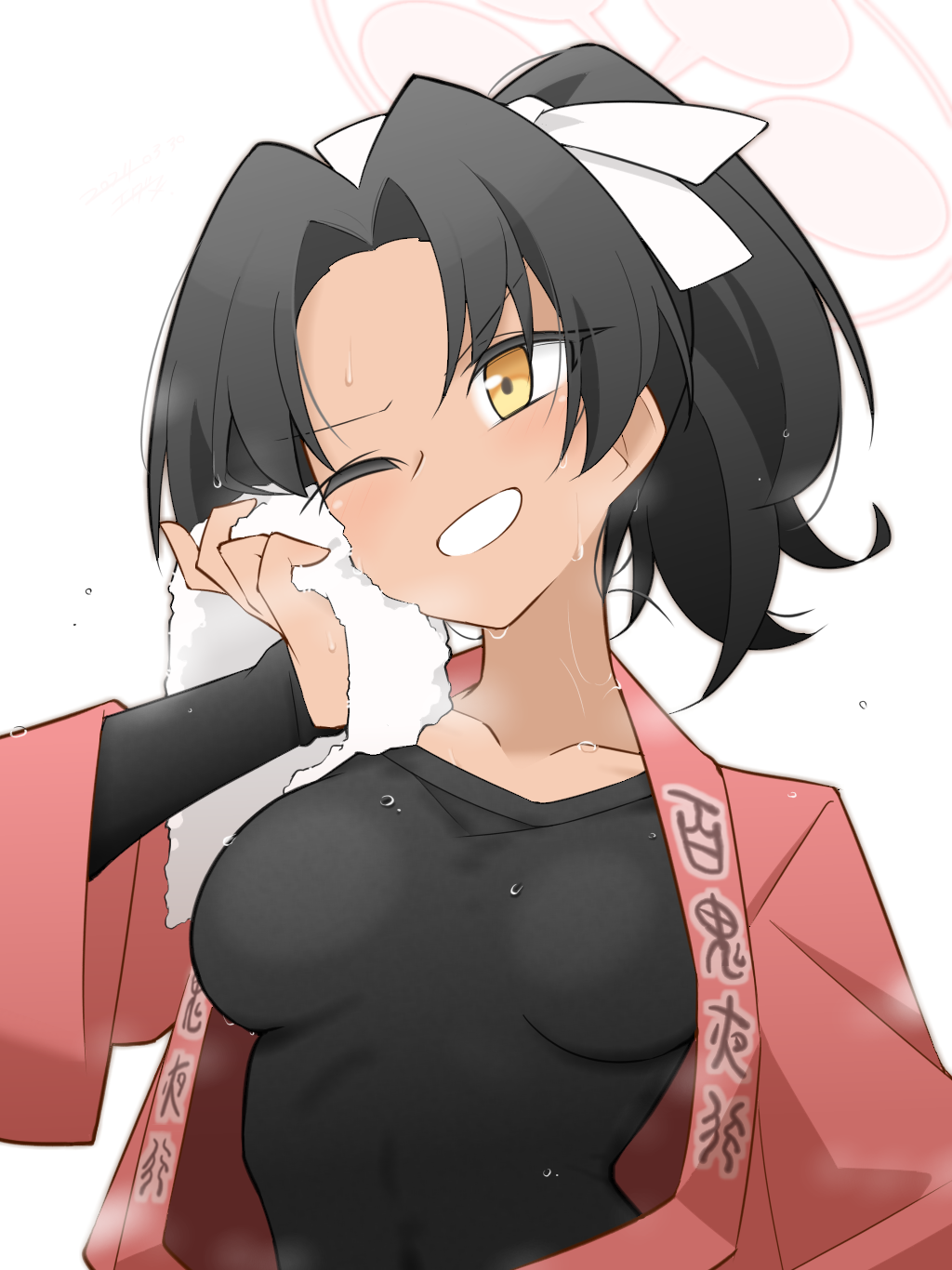 1girl, blue_archive, brown_hair, dark-skinned_female, dark_skin, edamame1555, halo, haori, happi, highres, holding, holding_towel, japanese_clothes, open_happi, parted_bangs, pink_halo, ponytail, red_haori, red_happi, rickshaw_student_(blue_archive), smile, solo, sweat, sweaty_clothes, towel, undershirt, upper_body, wet, wet_clothes, white_background, wiping_face, wiping_sweat