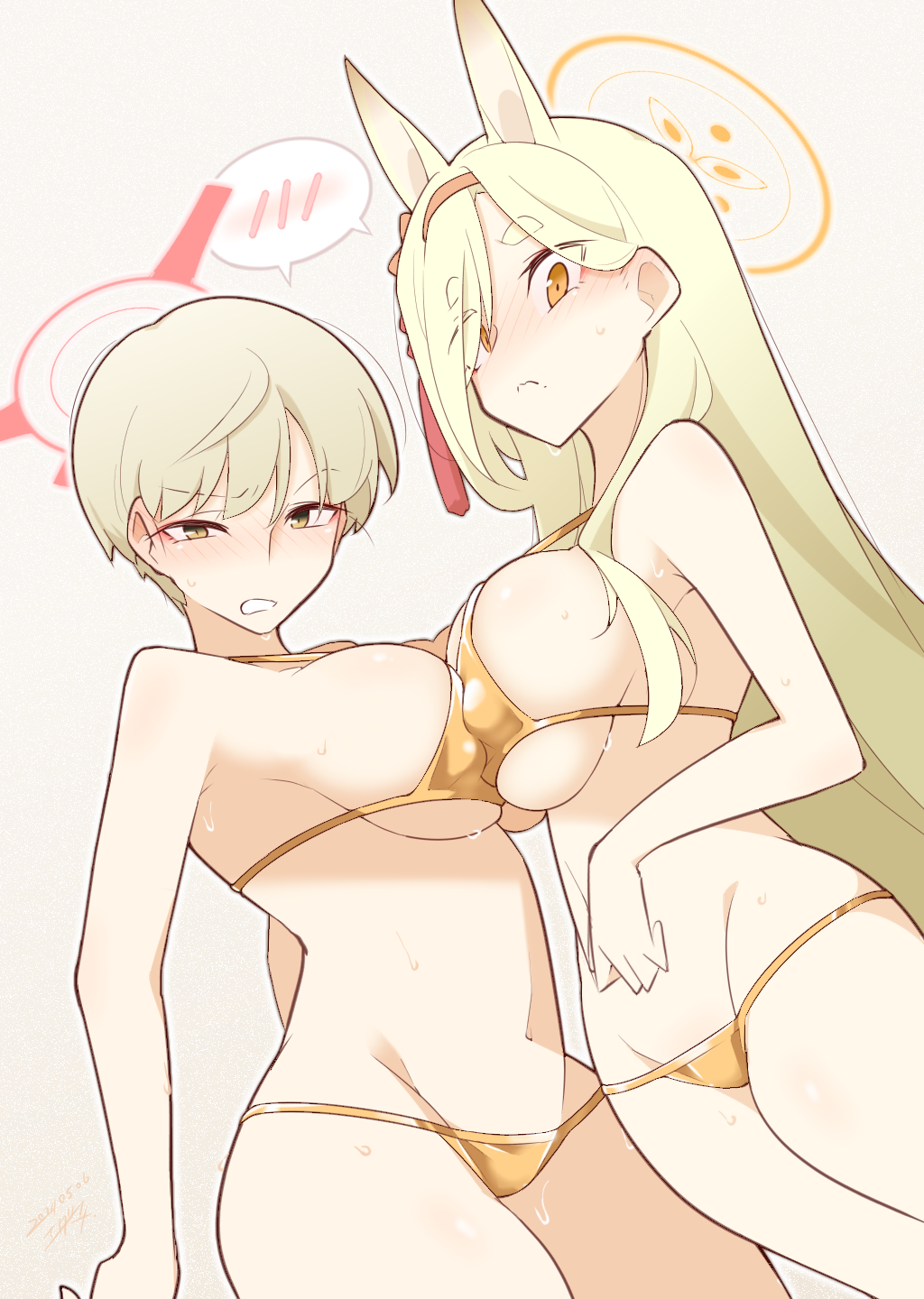 2girls, alternate_costume, animal_ears, bikini, blonde_hair, blue_archive, breast_press, breasts, edamame1555, embarrassed, extra_ears, fox_ears, gold_bikini, hair_over_one_eye, hairband, halo, highres, kaho_(blue_archive), large_breasts, long_hair, looking_at_viewer, marina_(blue_archive), multiple_girls, orange_hairband, orange_halo, red_halo, shiny_swimsuit, short_eyebrows, short_hair, sideboob, signature, simple_background, speech_bubble, spoken_blush, string_bikini, swimsuit, symmetrical_docking, yellow_eyes, yellow_halo
