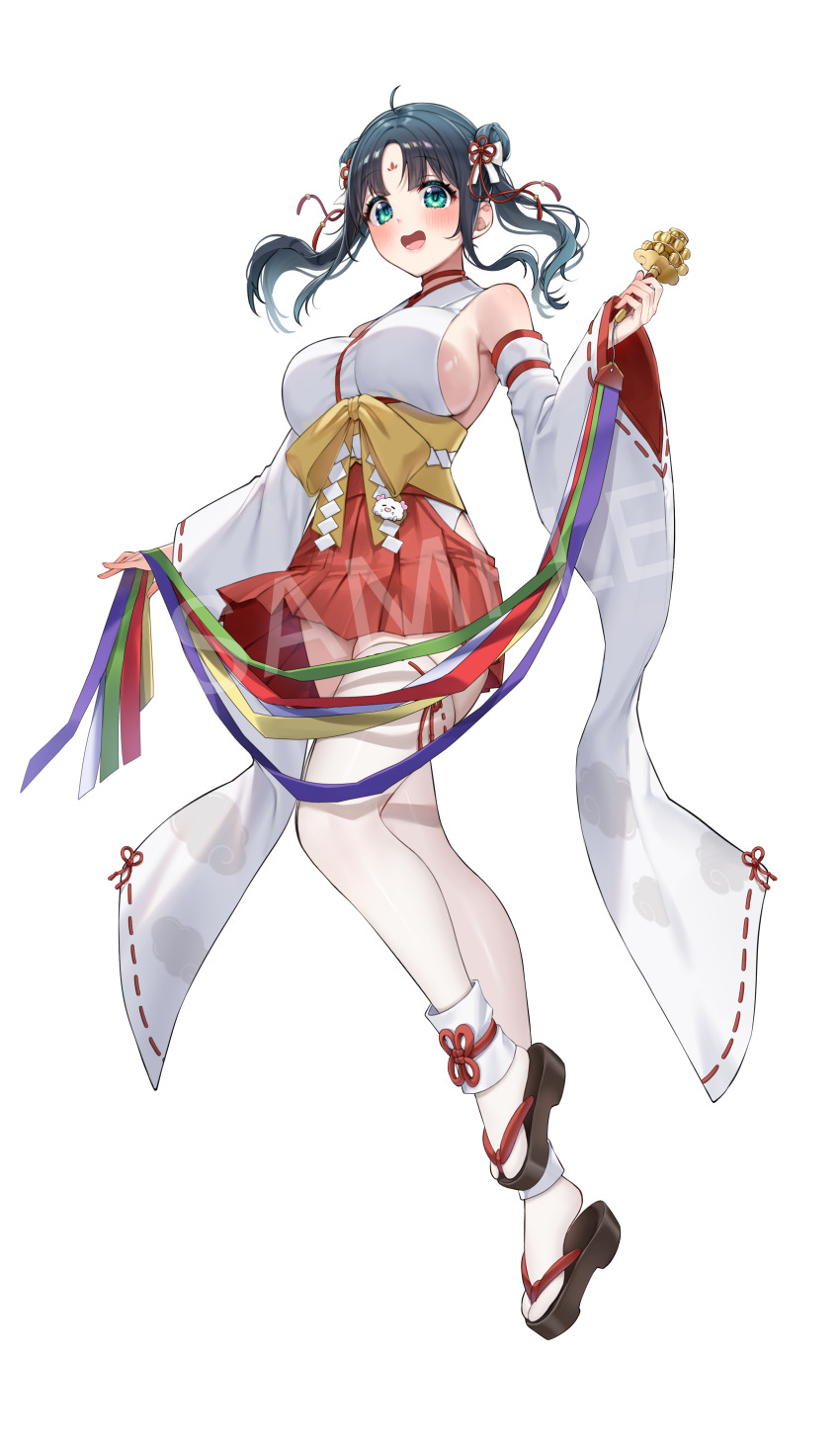 1girl, absurdres, ahoge, amano_nene_(vtuber), amano_nene_(shrine_maiden)_(vtuber), aqua_eyes, armpit_crease, bell