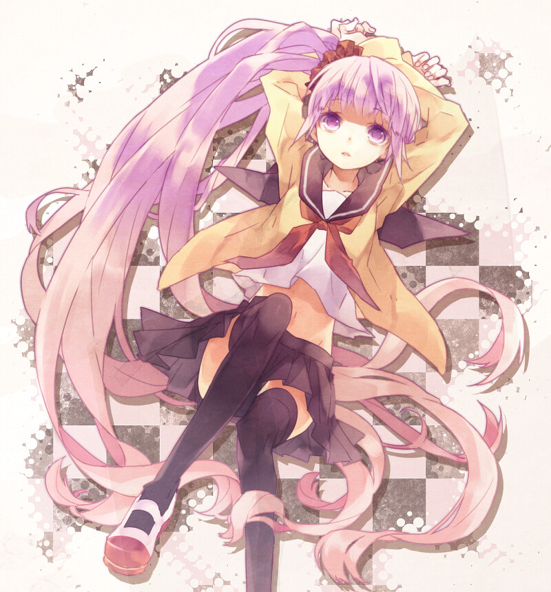 1girl, bad_id, bad_pixiv_id, black_thighhighs, checkered_background, female_focus, gradient_hair, long_hair