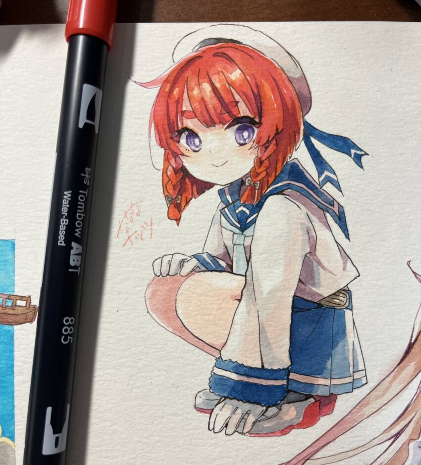 1girl, art_tools_in_frame, blue_neckerchief, blue_sailor_collar, blue_skirt, braid, etorofu_(kancolle), full_body