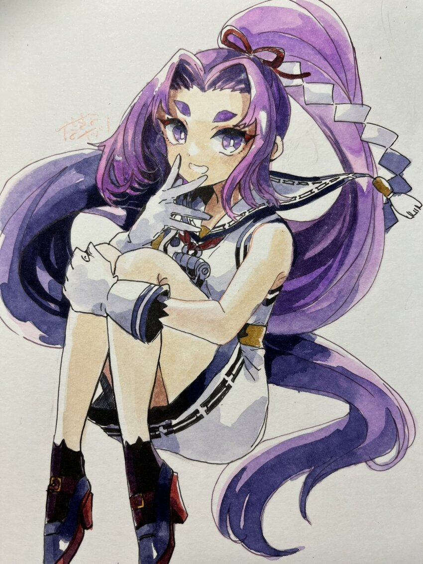 1girl, dress, gloves, hair_ribbon, hatsuharu_(kancolle), high_heels, highres, kantai_collection, knees_to_chest, long_hair, looking_at_viewer, nanananatsu, painting_(medium), photo_(medium), ponytail, purple_eyes, purple_hair, ribbon, sailor_dress, short_eyebrows, smile, solo, thick_eyebrows, traditional_media, very_long_hair, watercolor_(medium), white_gloves