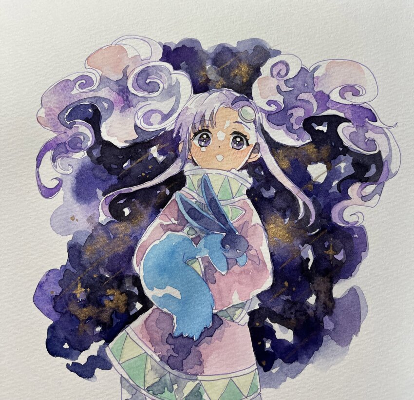 1girl, blush, coat, creature, dark-skinned_female, dark_skin, forehead_jewel, highres