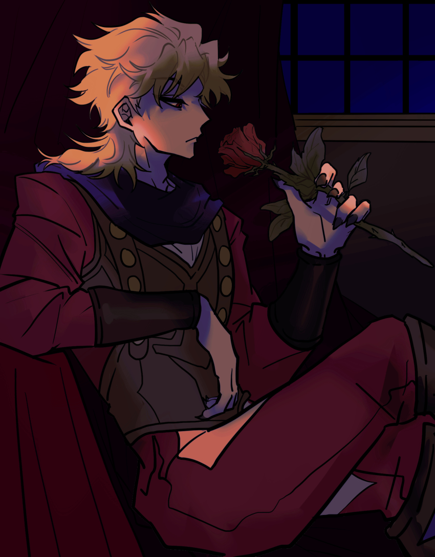 1boy, blonde_hair, crossed_legs, curtains, dio_brando, fingernails, flower, highres