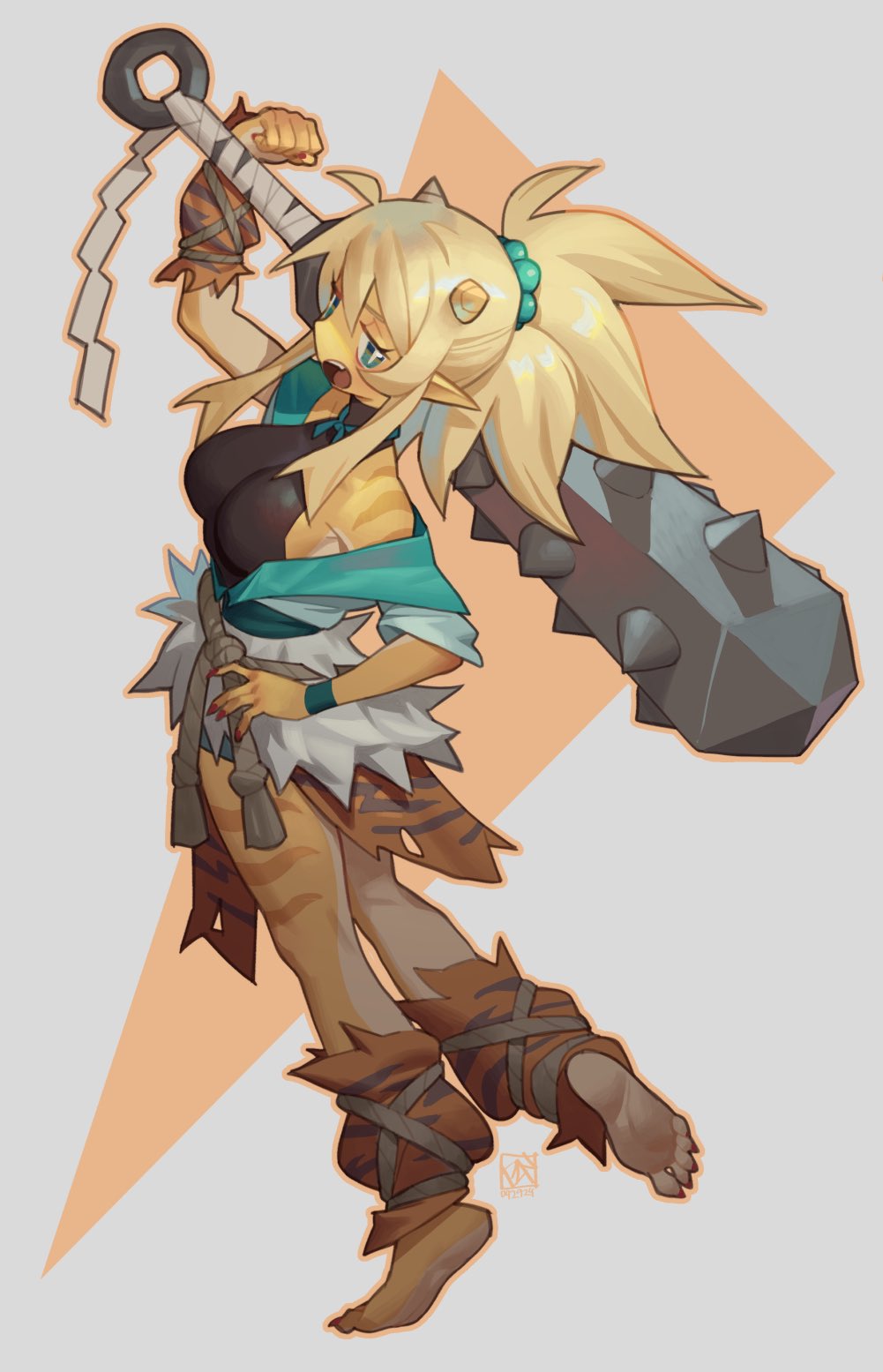 animal_print, annoyed, aqua_eyes, aqua_scrunchie, ayu_(sui_(suizilla)), bandaged_object, bare_legs, bare_shoulders, barefoot, beads, blonde_hair, blue_eyes, borrowed_character, breasts, chaps, club, club_(weapon), colored_skin, commentary, demon_horns, english_commentary, feet, fingernails, flexing, from_side, gift_art, hair_beads, hair_ornament, hair_scrunchie, hand_on_own_hip, highres, holding, holding_weapon, horns, kanabou, large_breasts, long_bangs, long_fingernails, long_hair, long_toenails, looking_at_viewer, looking_to_the_side, multicolored_eyes, multicolored_hair, multicolored_skin, nail_polish, no_pants, oni, orange_background, original, over_shoulder, poch4n, pointy_ears, ponytail, red_nails, scrunchie, sharp_fingernails, sharp_toenails, shiny_skin, signature, simple_background, soles, spiked_hair, standing, standing_on_one_leg, striped_fur, tiger_print, tiptoes, toenail_polish, toenails, toes, two-tone_eyes, two-tone_hair, two-tone_skin, uninterested, weapon, weapon_over_shoulder, white_background, white_hair, wristband, yellow_skin