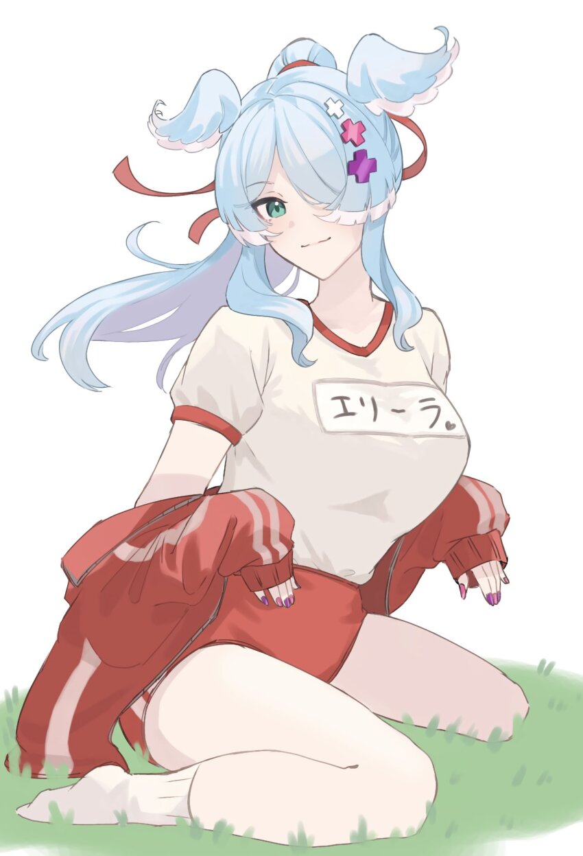 1girl, aqua_eyes, blue_hair, breasts, buruma, edage_18, elira_pendora, floating_hair