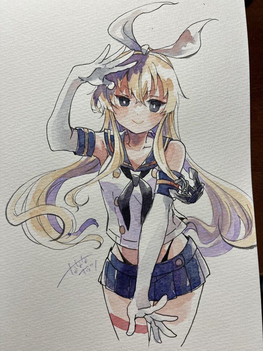 1girl, anchor_hair_ornament, bare_shoulders, black_eyes, black_neckerchief, black_panties, blonde_hair, crop_top, elbow_gloves, gloves, hair_ornament, hairband, highleg, highleg_panties, highres, kantai_collection, long_hair, microskirt, nanananatsu, neckerchief, painting_(medium), panties, photo_(medium), sailor_collar, salute, shimakaze_(kancolle), skirt, smile, solo, traditional_media, underwear, watercolor_(medium), white_gloves