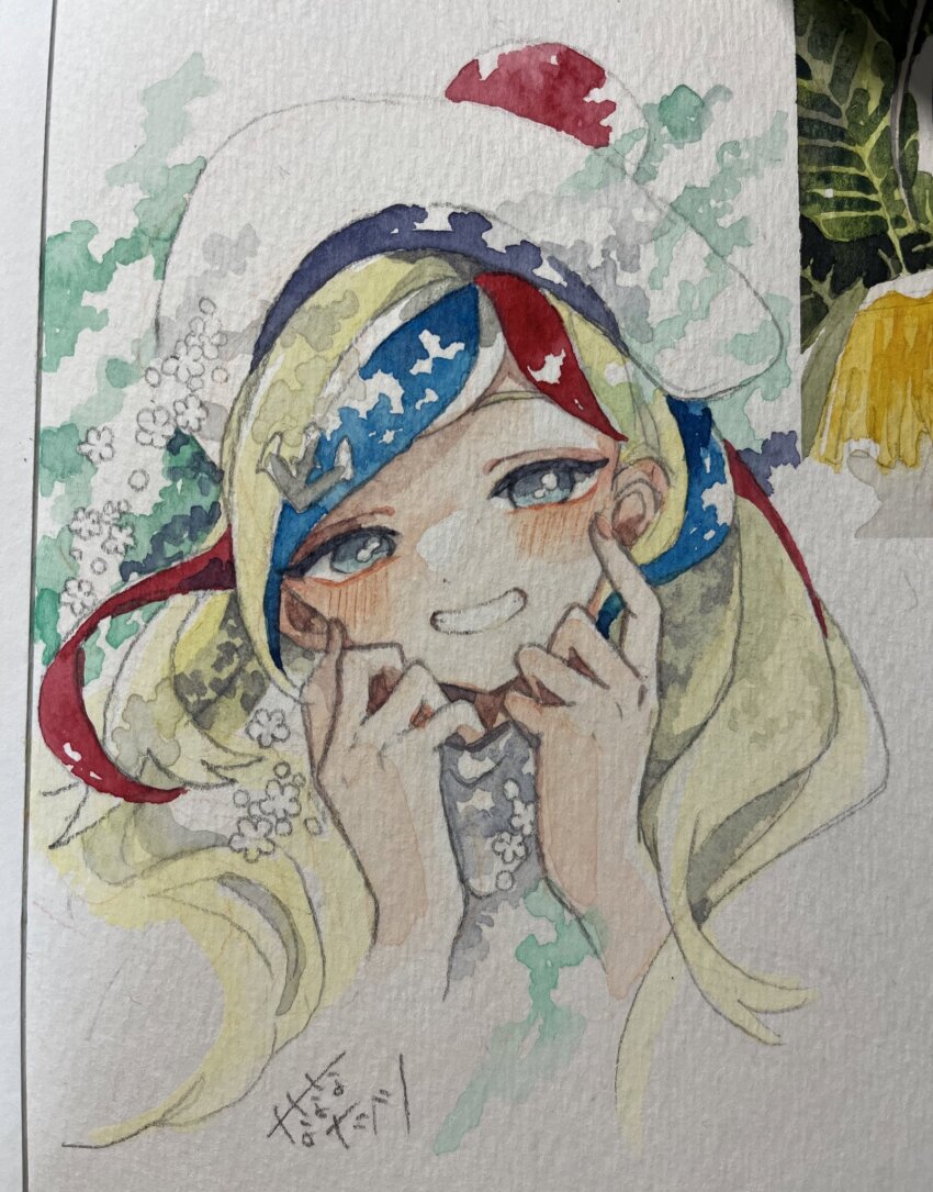 1girl, beret, blonde_hair, blue_eyes, blue_hair, blush, commandant_teste_(kancolle), flower