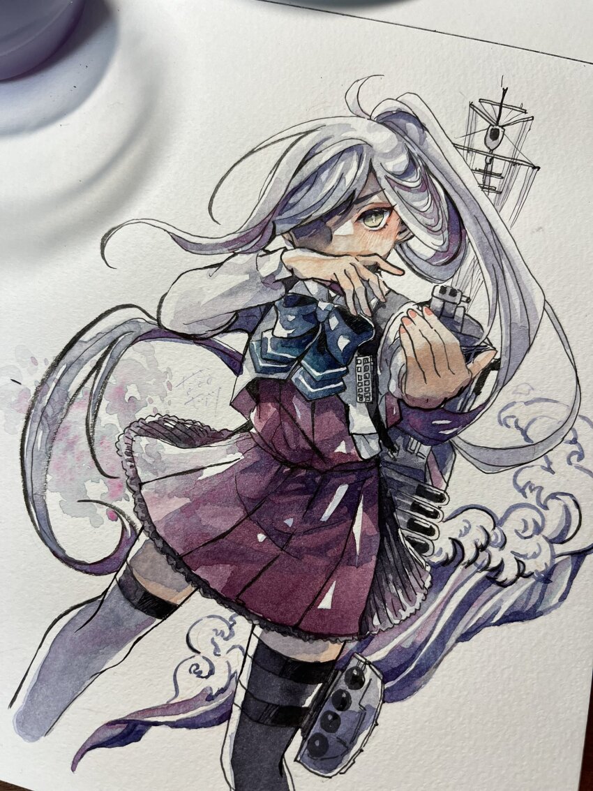 1girl, ahoge, asashimo_(kancolle), blush, bow, bowtie, covering_own_mouth, dress