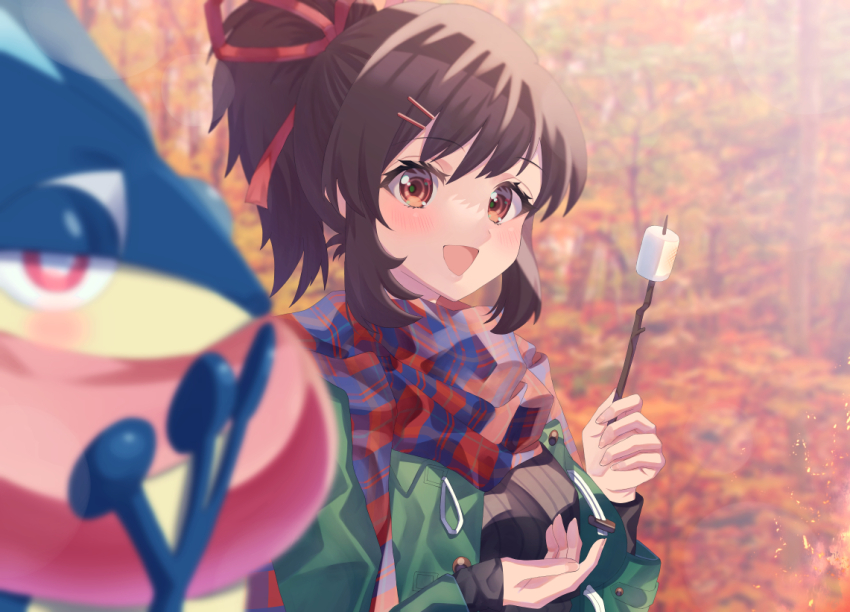 1girl, :d, alternate_costume, asuka_(senran_kagura), autumn, autumn_leaves, black_hair, black_shirt