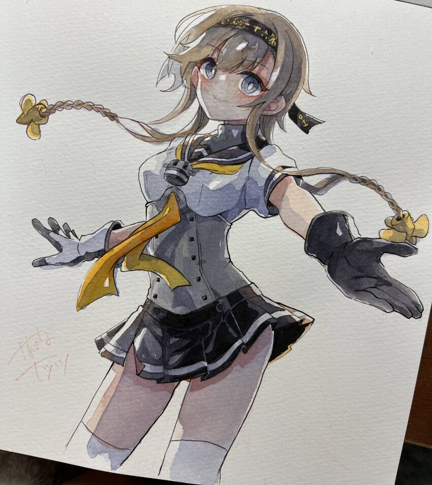 1girl, black_gloves, blush, braid, brown_hair, gloves, grey_eyes, highres, kantai_collection, long_hair, looking_at_viewer, miniskirt, nanananatsu, neckerchief, painting_(medium), photo_(medium), school_uniform, serafuku, skirt, smile, solo, teruzuki_(kancolle), thighhighs, traditional_media, twin_braids, watercolor_(medium), white_thighhighs, yellow_neckerchief