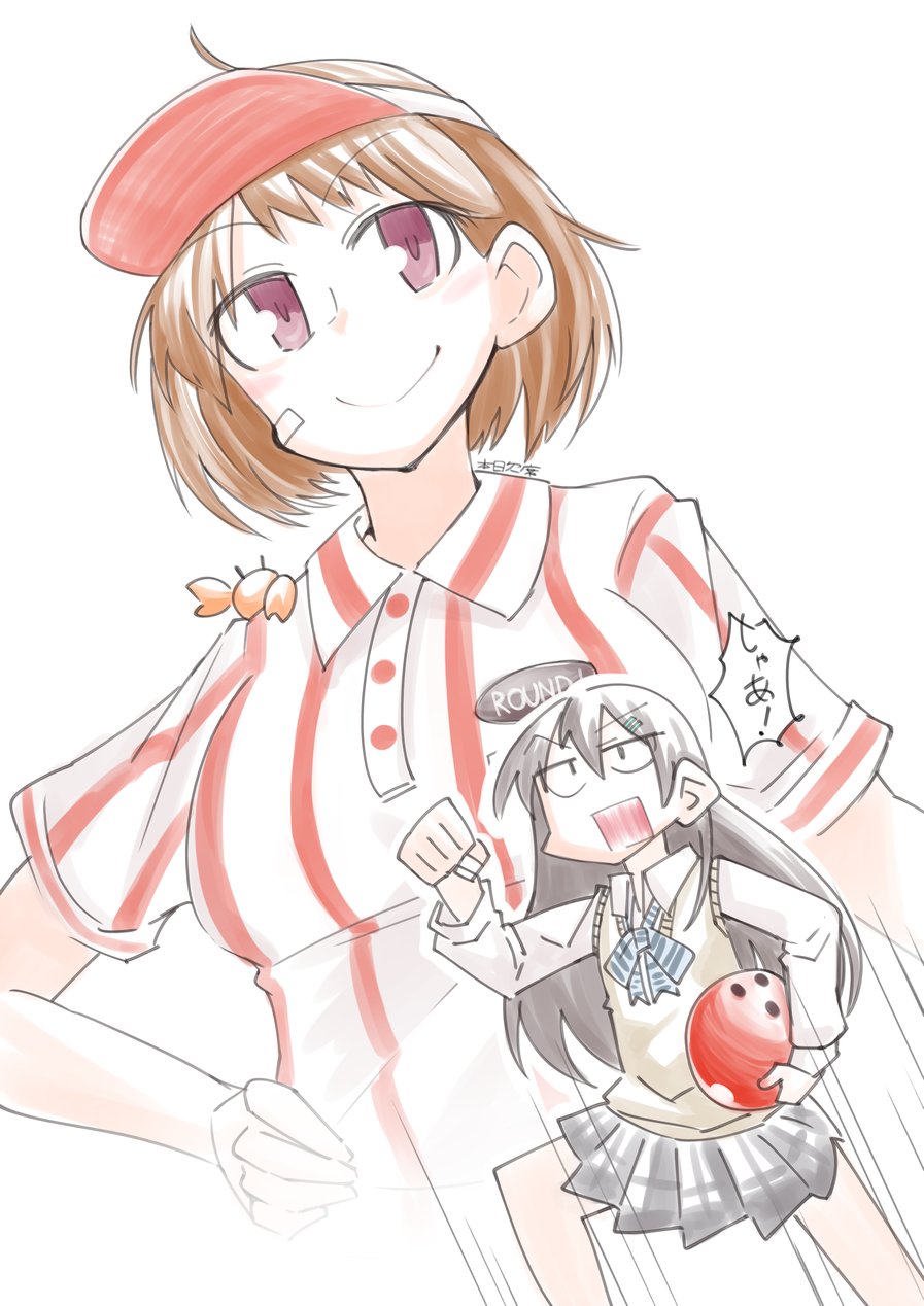 2girls, ahoge, ball, bandaid, bandaid_on_face, borrowed_character, bowling_ball, commentary_request, crab_on_shoulder, highres, honketsu, kantai_collection, multiple_girls, oboro_(kancolle), oboro_(round1)_(kancolle), official_alternate_costume, original, purple_eyes, school_uniform, shirt, short_hair, simple_background, striped_clothes, striped_shirt, visor_cap, white_background, white_shirt