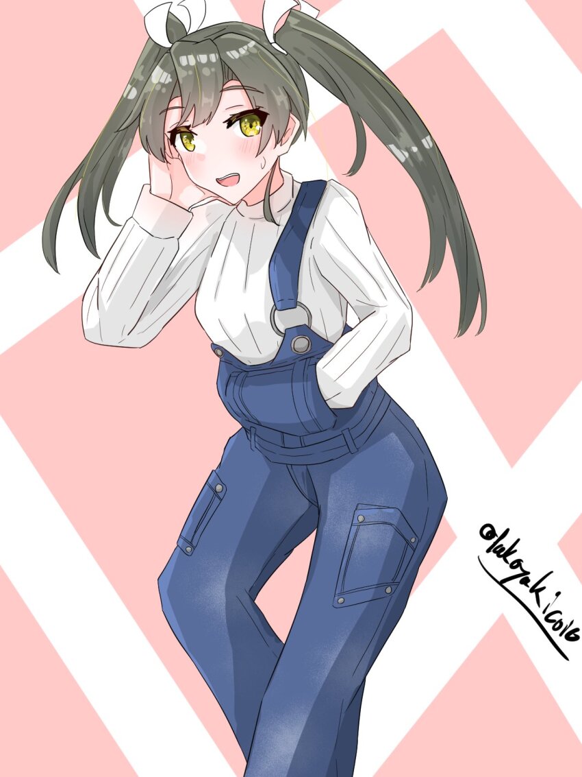 1girl, alternate_costume, blue_overalls, coic_hakushaku, feet_out_of_frame, grey_hair, hair_ribbon, hand_in_pocket