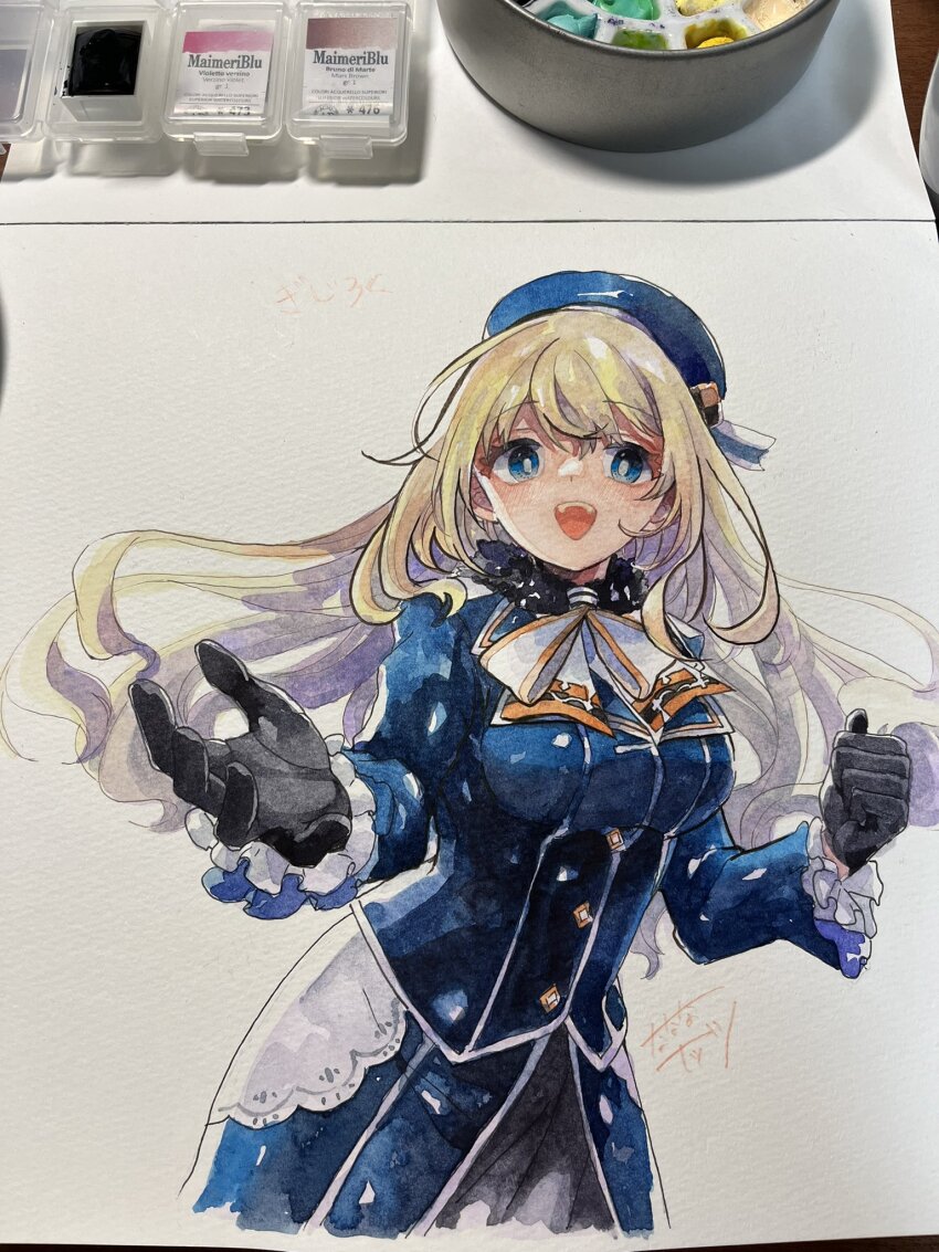1girl, art_tools_in_frame, atago_(kancolle), black_gloves, blonde_hair, blue_eyes, blue_hat, blue_jacket