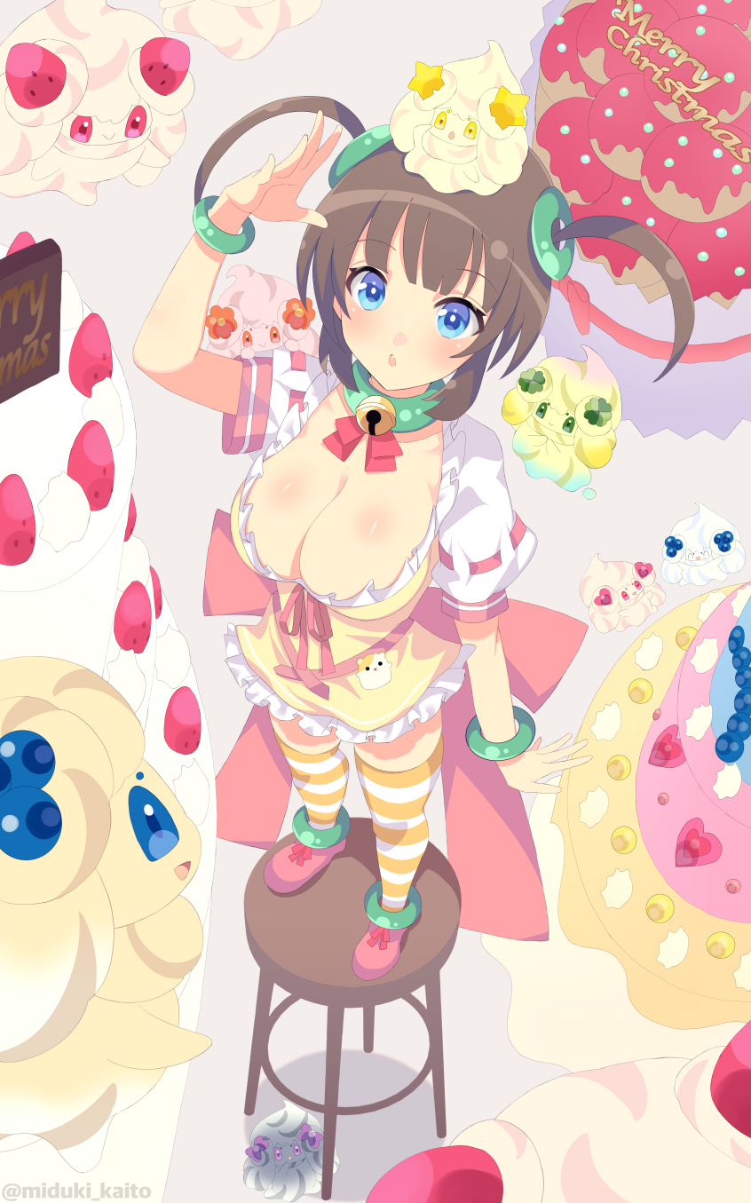 1girl, :o, ^_^, alcremie, alcremie_(berry_sweet), alcremie_(caramel_swirl), alcremie_(clover_sweet), alcremie_(flower_sweet)