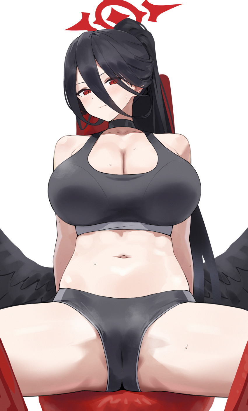 1girl, absurdres, black_choker, black_hair, black_sports_bra, black_wings, blue_archive, blush