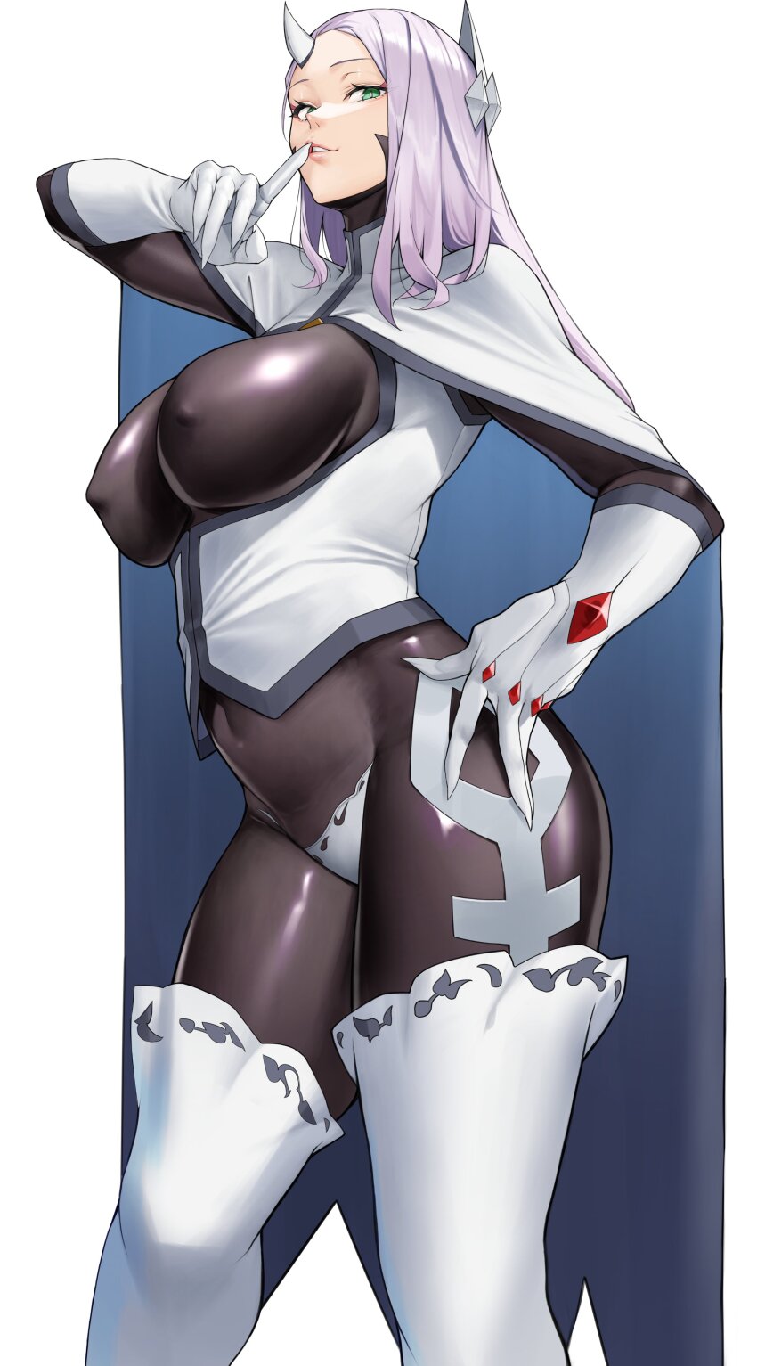 1girl, absurdres, bodysuit, boots, breast_cutouts, breasts, brown_bodysuit, capelet, covered_erect_nipples, covered_navel, finger_to_mouth, from_below, from_side, gem, gloves, green_eyes, hand_on_own_hip, highres, horns, impossible_bodysuit, impossible_clothes, large_breasts, long_hair, looking_at_viewer, looking_down, original, purple_hair, red_gem, shiny_clothes, simple_background, solo, thigh_boots, thighhighs, white_background, white_capelet, white_gloves, white_thighhighs, yoshio_(55level), yuno_naon