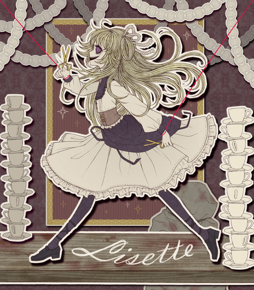 1girl, belt, blonde_hair, bow, dress, eleanor_(ohmyeleanor), full_body, hair_bow, highres, holding, holding_weapon, lisette_(pocket_mirror), open_mouth, pocket_mirror, purple_eyes, scissors, smile, solo, weapon, white_dress