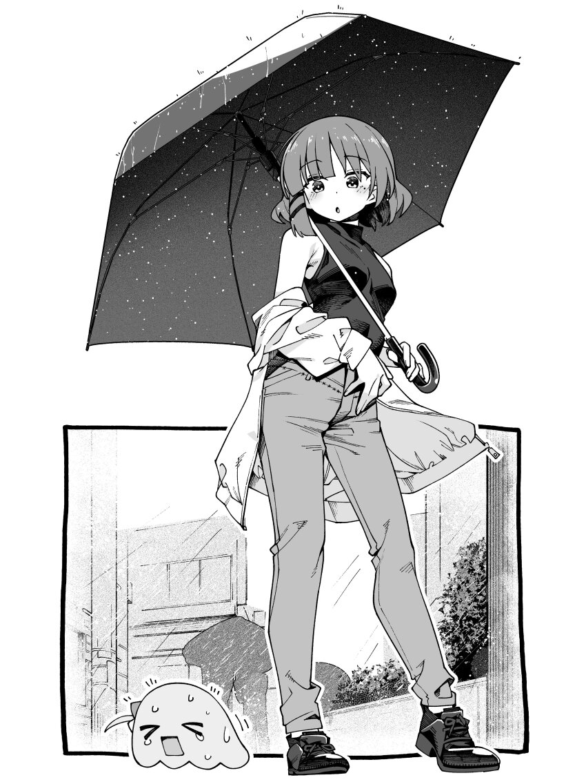 >_<, 2girls, absurdres, armpit_crease, bare_shoulders, black_footwear, black_shirt, blunt_bangs