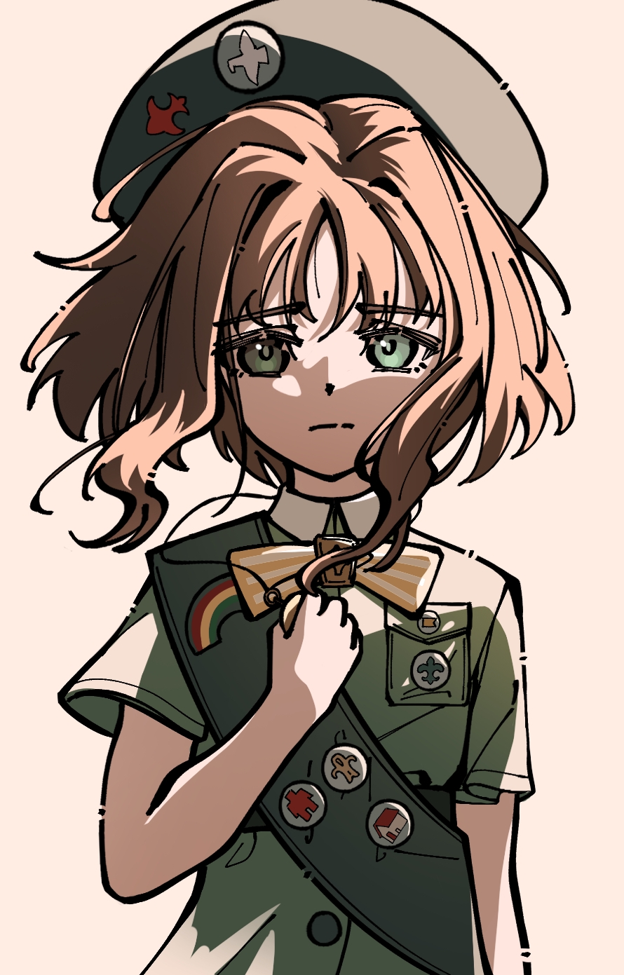 1girl, badge, beret, bow, bowtie, breast_pocket, brown_hair, chahu_lililala