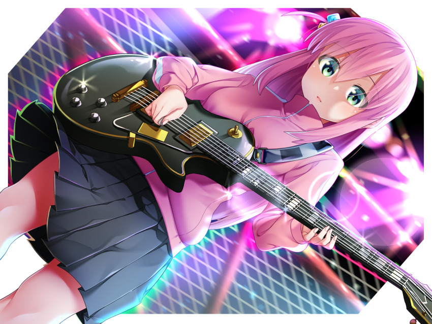 1girl, black_skirt, blue_eyes, bocchi_the_rock!, commentary, cube_hair_ornament, electric_guitar, gotoh_hitori