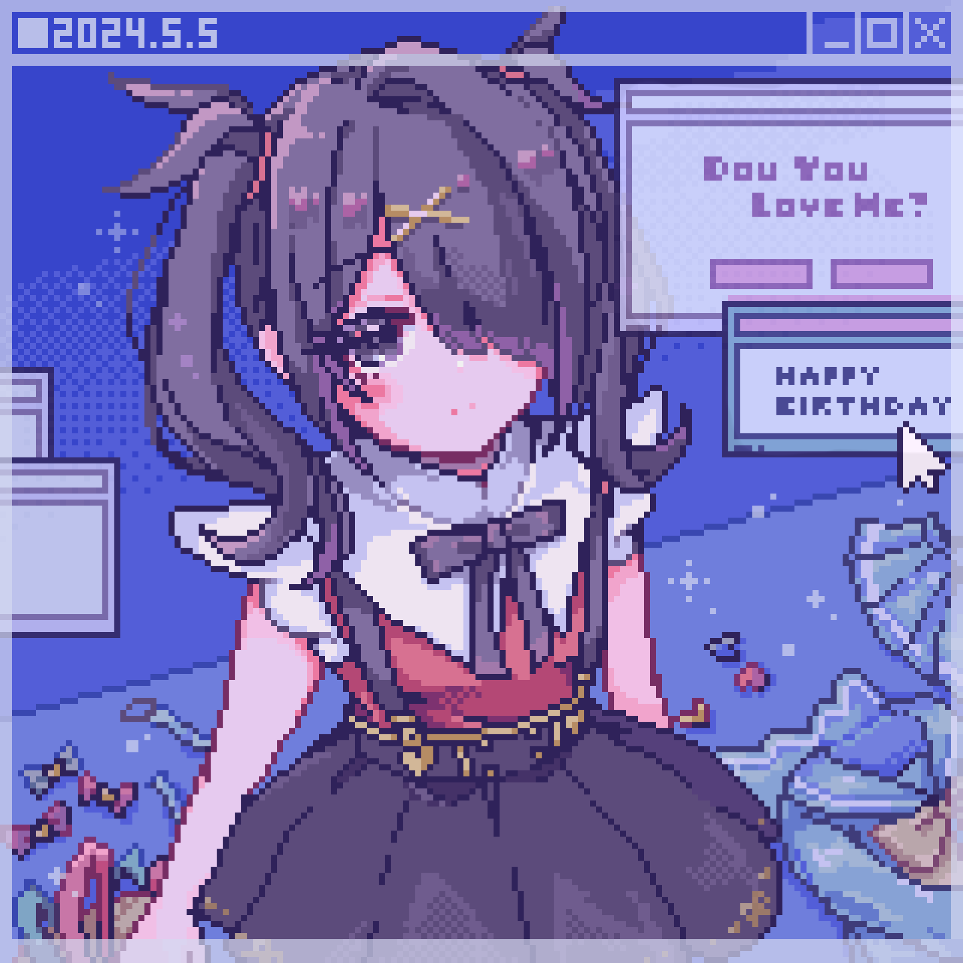 1girl, ame-chan_(needy_girl_overdose), black_eyes, black_hair, black_ribbon, black_skirt, blue_background, border