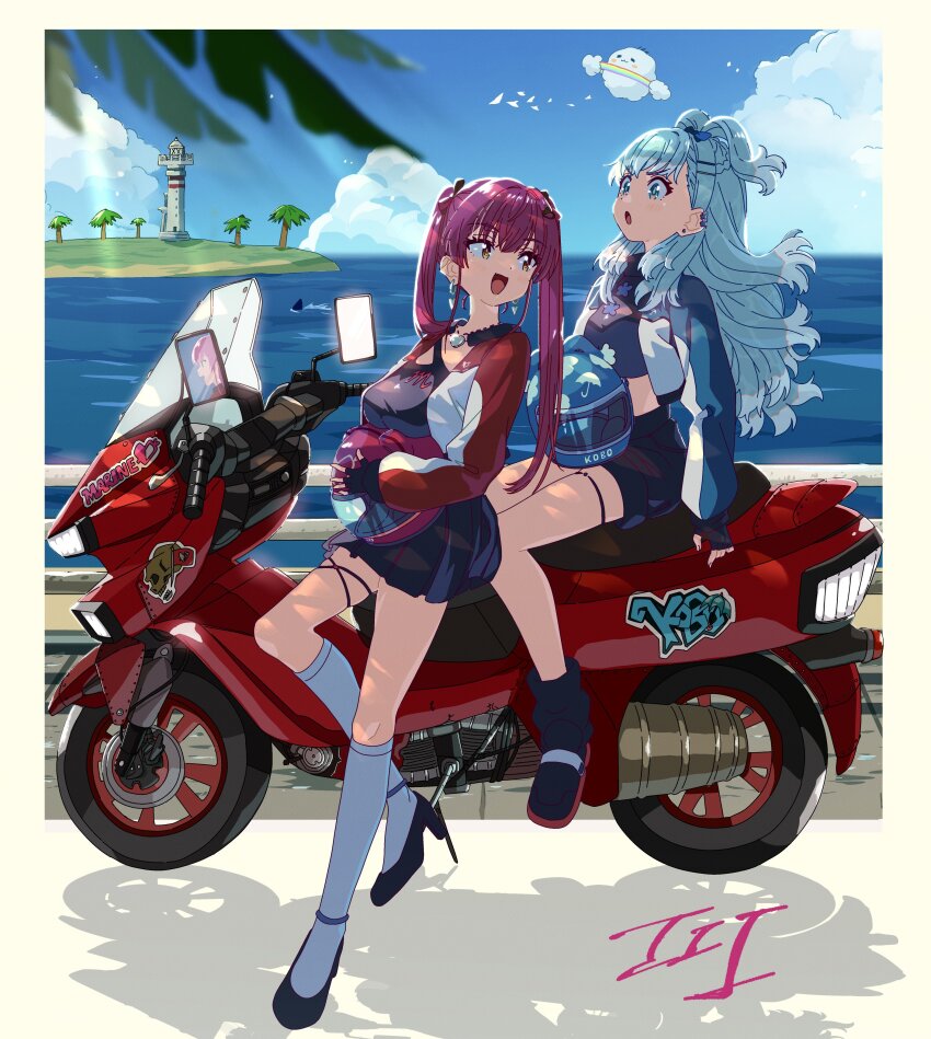 2girls, absurdres, black_gloves, black_shirt, black_shorts, black_skirt, blue_eyes, blue_hair