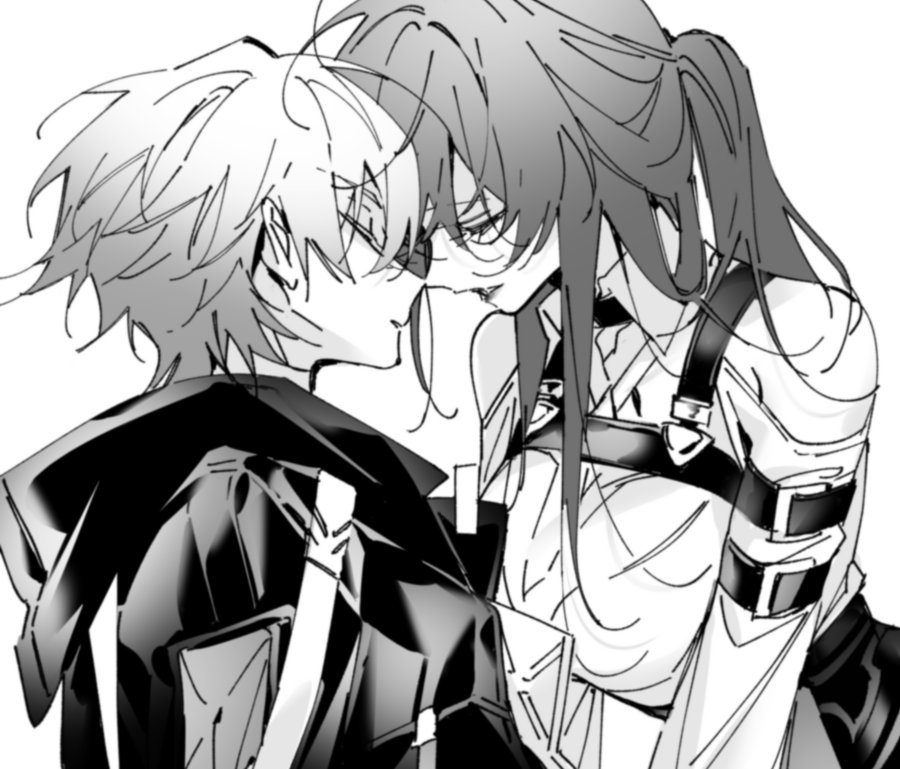 1boy, 1girl, black_jacket, caelus_(honkai:_star_rail), chest_harness, coat, collared_shirt, couple