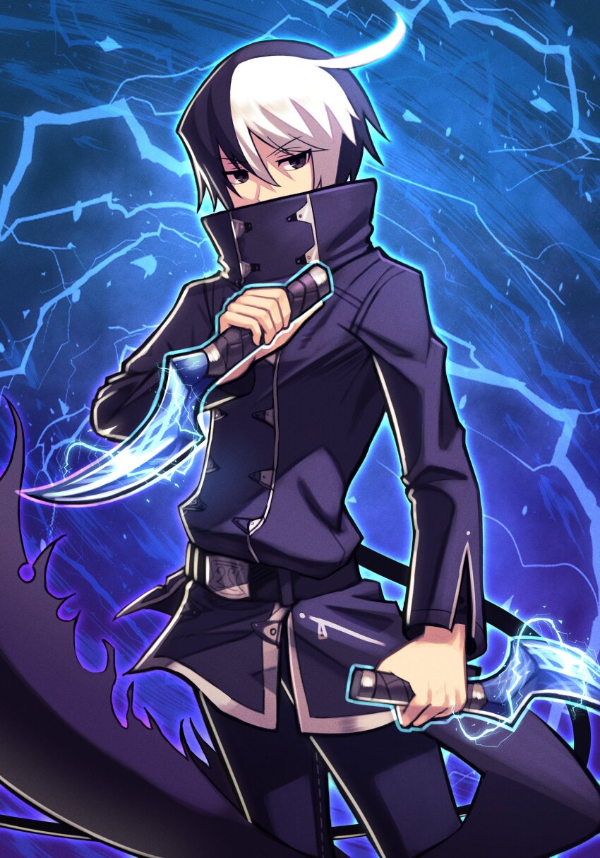 1boy, absurdres, ahoge, black_hair, dagger, eliminator_(weapon), highres, holding, knife, male_focus, multicolored_hair, seth_(under_night_in-birth), short_hair, silverchariotx, two-tone_hair, under_night_in-birth, weapon, white_hair