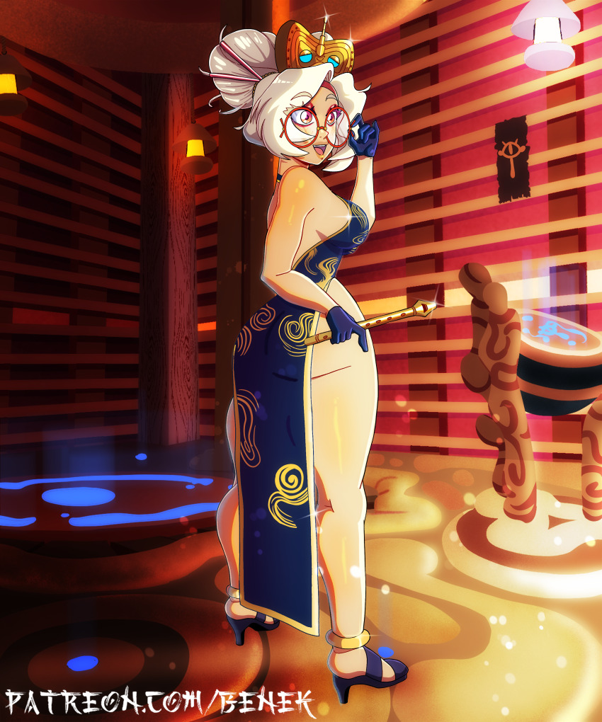 1girl, absurdres, alternate_costume, ass, benek, flute, full_body, game_mod, glasses, gloves, gold, high_heels, highres, instrument, kokoro_gown_dress, nintendo, open_mouth, purah, red_eyes, smile, the_legend_of_zelda, the_legend_of_zelda:_tears_of_the_kingdom, white_hair