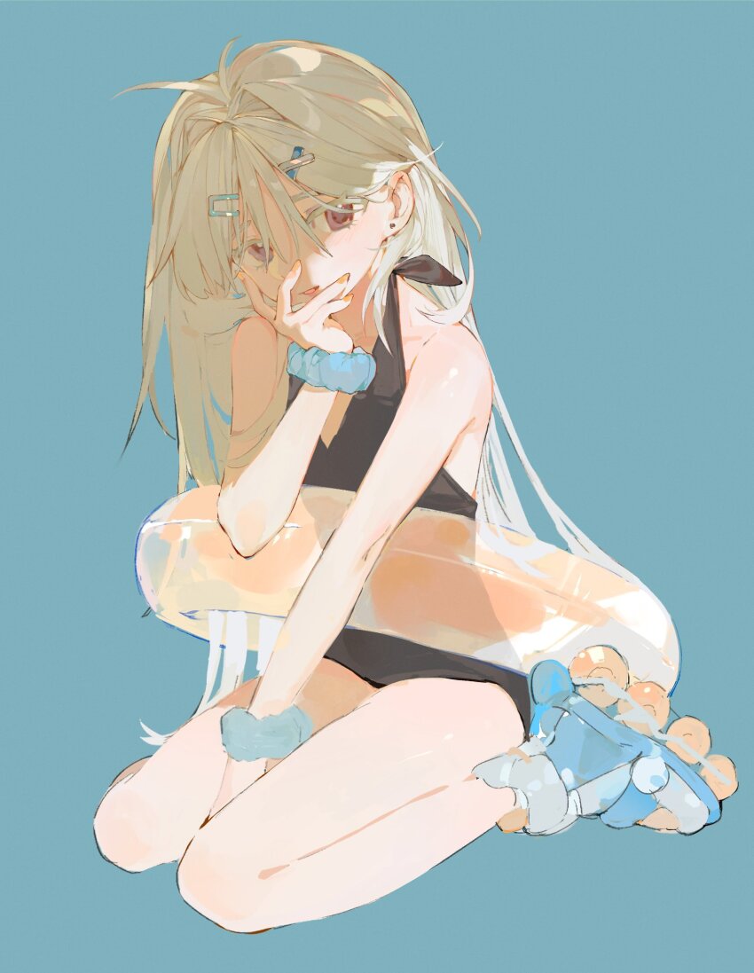 1girl, baifeidaiwang, black_one-piece_swimsuit, blonde_hair, blue_background, brown_eyes, casual_one-piece_swimsuit, flat_chest, full_body, hair_ornament, hairclip, highres, innertube, long_hair, looking_at_viewer, one-piece_swimsuit, original, parted_lips, roller_blades, roller_skates, scrunchie, simple_background, sitting, skates, solo, swim_ring, swimsuit, very_long_hair, wrist_scrunchie