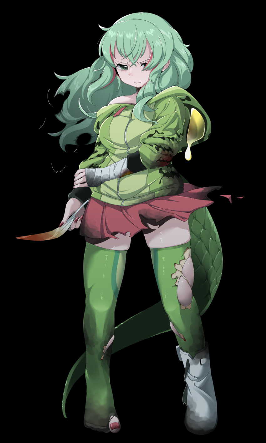 1girl, absurdres, animal_hood, animal_print, arm_at_side, bandaged_arm, bandages, black_background