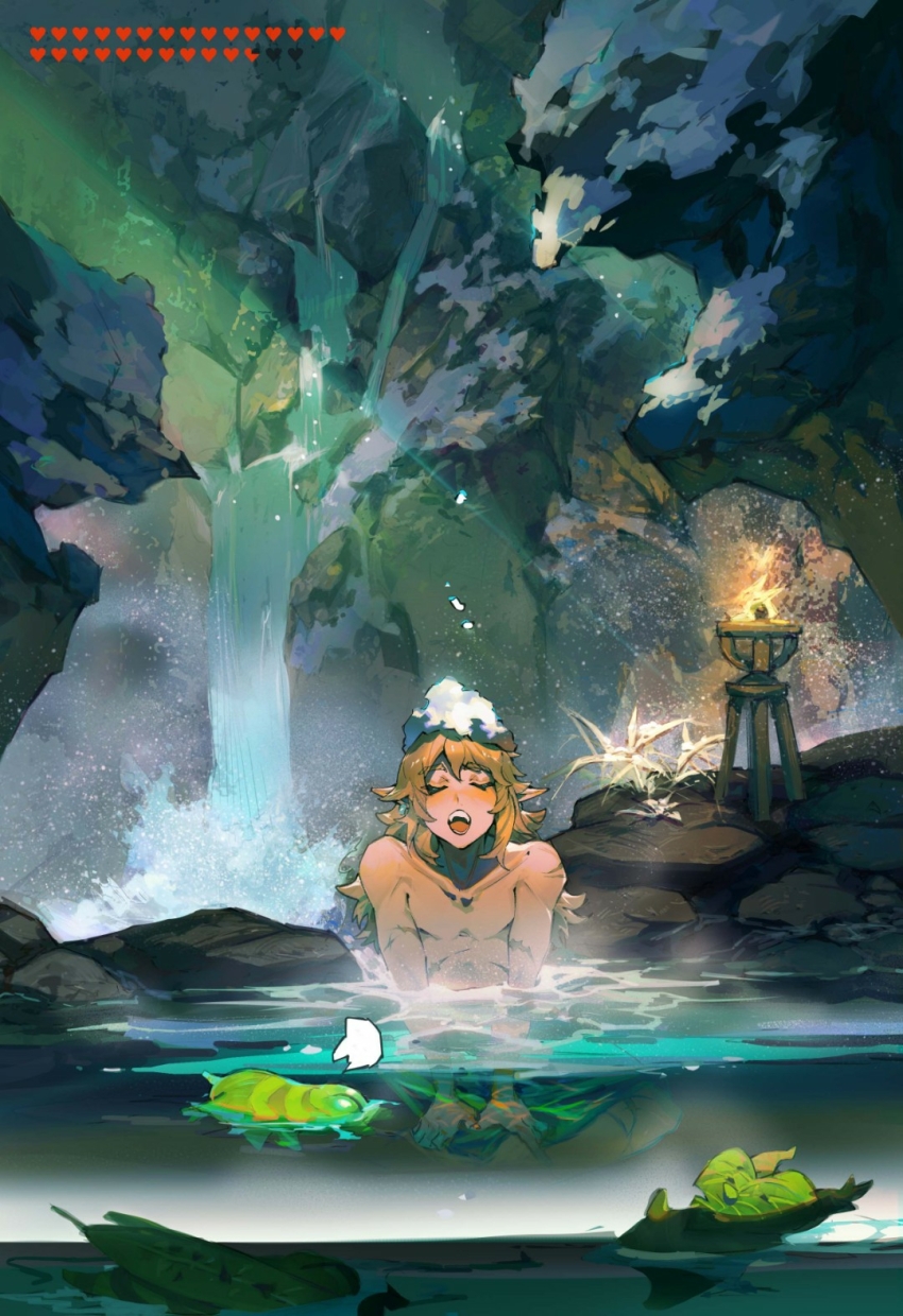 1boy, blonde_hair, chinese_commentary, closed_eyes, collarbone, commentary_request, creature, crossed_legs