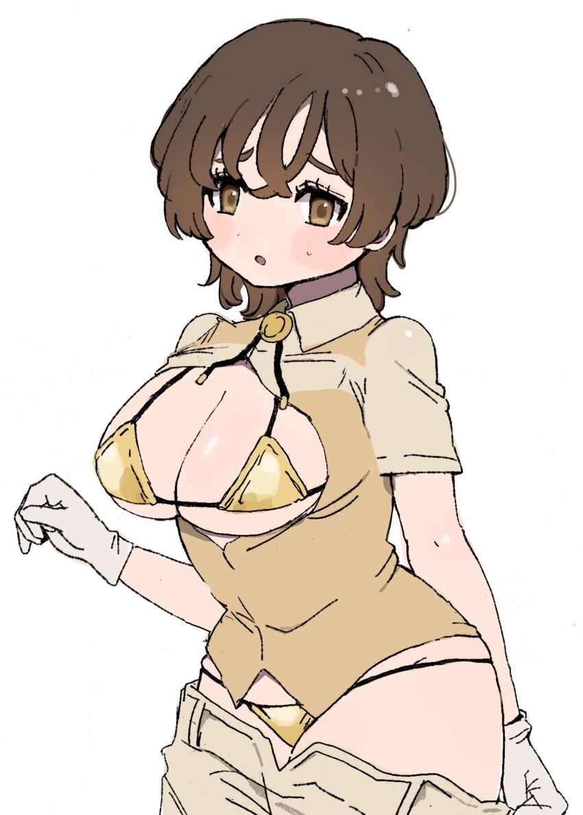 010mzam, 1girl, bikini, bikini_under_clothes, blush, breasts, brown_eyes, brown_hair