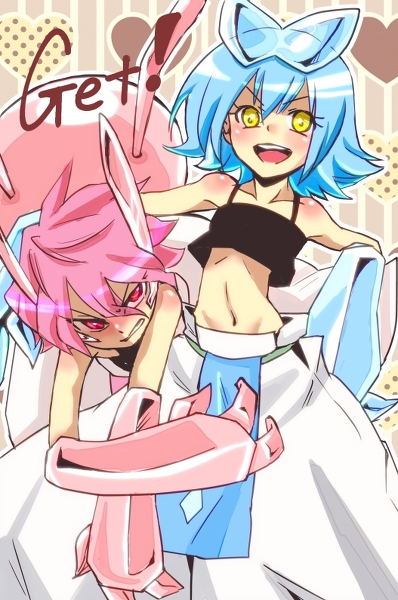 2boys, angry, blue_hair, blush, desir, gauntlets, hakama, hakama_skirt, japanese_clothes, karakuridoji_ultimo, multiple_boys, pink_eyes, pink_hair, service_(ultimo), skirt, trap, visor, yellow_eyes