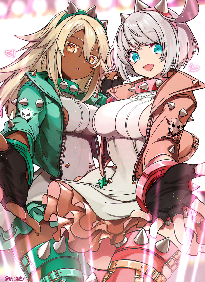 2girls, absurdres, ahoge, aqua_boots, black_gloves, blonde_hair, blue_eyes, boots, breasts, collar, cosplay, cropped_jacket, dark-skinned_female, dark_skin, dress, elphelt_valentine, elphelt_valentine_(cosplay), fingerless_gloves, ggnbsky, gloves, green_hairband, green_jacket, green_thighhighs, guilty_gear, guilty_gear_strive, hairband, heart, highres, jacket, large_breasts, long_hair, looking_at_viewer, multiple_girls, open_clothes, open_jacket, pink_boots, pink_hairband, pink_jacket, pink_thighhighs, ramlethal_valentine, short_hair, siblings, sideboob, sisters, sleeveless, sleeveless_dress, smile, spiked_collar, spiked_hairband, spiked_jacket, spikes, thighhighs, white_dress, white_hair, yellow_eyes