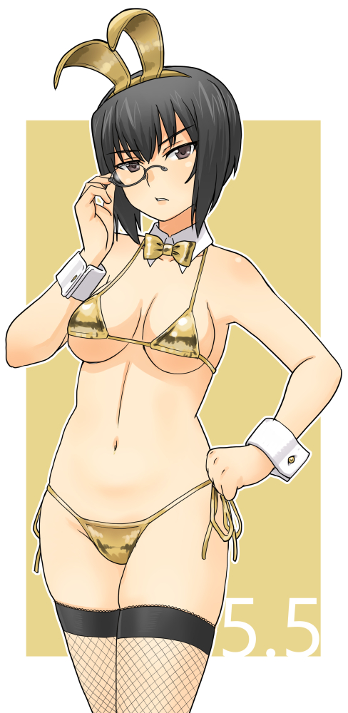 1girl, adjusting_monocle, animal_ears, bikini, black_hair, breasts, brown_eyes, fake_animal_ears