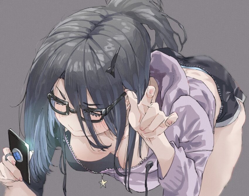 1girl, adjusting_hair, bare_legs, black-framed_eyewear, black_hoodie, black_shorts, breasts, cellphone, commentary_request, downblouse, exia_(gamer)_(nikke), exia_(nikke), eyelashes, feet_out_of_frame, goddess_of_victory:_nikke, grey_background, grey_hair, hair_ornament, hair_over_one_eye, hairclip, hand_up, highres, hii_(motorholic), holding, holding_phone, hood, hood_down, hoodie, leaning_forward, long_hair, looking_at_phone, medium_breasts, nail_polish, panties, panty_peek, pantyslip, phone, pink_nails, ponytail, purple_hoodie, rectangular_eyewear, short_shorts, shorts, simple_background, smartphone, solo, underwear