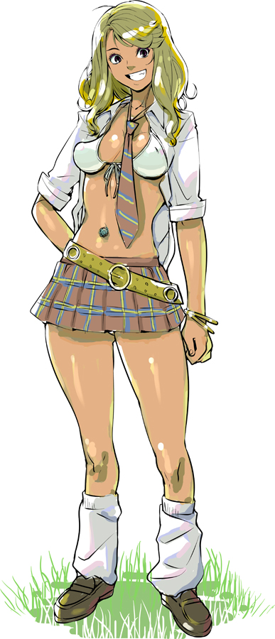 1girl, amesuku_gyaru, arumi, baba_arumi, belt, bikini, bikini_top_only, blonde_hair, bracelet, breasts, cleavage, covered_erect_nipples, dark-skinned_female, dark_skin, female_focus, front-tie_top, ganguro, grin, gyaru, happy, jewelry, kogal, long_hair, loose_socks, miniskirt, navel, navel_piercing, necktie, original, piercing, school_uniform, simple_background, skirt, smile, socks, solo, swimsuit, tan, white_background, white_bikini