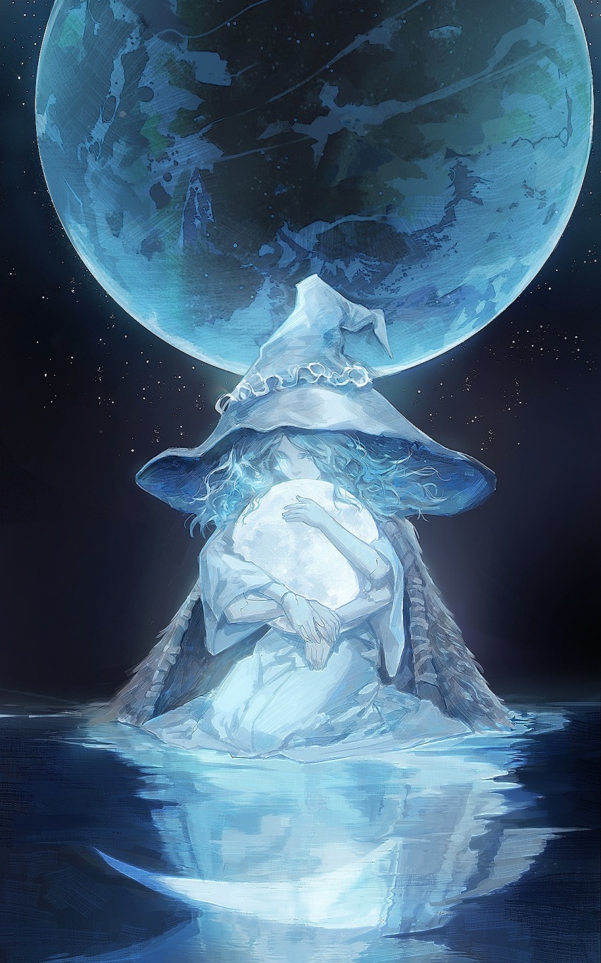 1girl, awkwardtomato, blue_eyes, blue_hair, blue_hat, blue_robe, blue_skin, chinese_commentary, cloak, colored_skin, commentary_request, elden_ring, expressionless, extra_arms, full_body, full_moon, fur_cloak, grey_cloak, hat, highres, holding_planet, huge_moon, looking_at_viewer, medium_hair, moon, night, one_eye_closed, ranni_the_witch, reflection, reflective_liquid, robe, seiza, sitting, sky, solo, star_(sky), starry_sky, water, wavy_hair, witch_hat