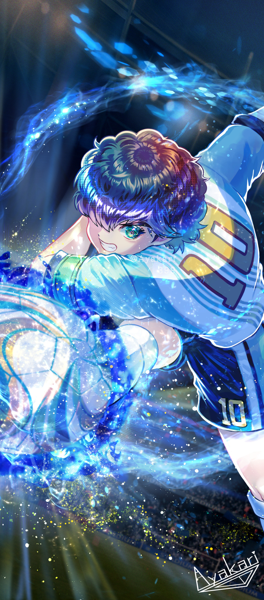 1boy, absurdres, artist_name, ayakari399, ball, black_shorts, captain_tsubasa, character_name
