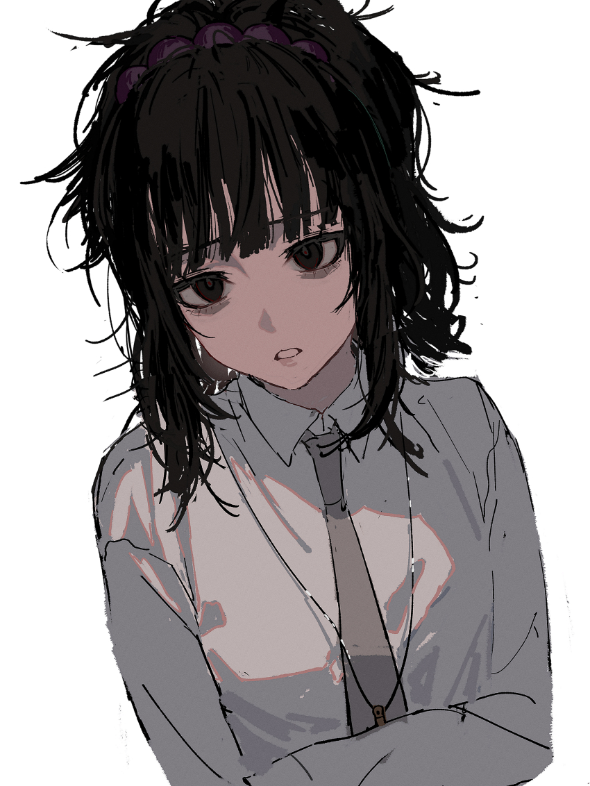 1girl, absurdres, bags_under_eyes, black_eyes, black_hair, blunt_bangs, brown_necktie, bsgkstnals03